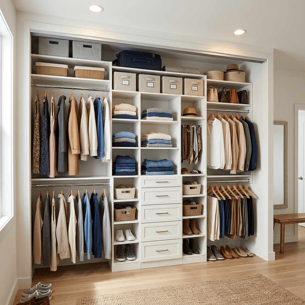 Walk-in closet with hanging clothes, folded sweaters, shoes, and storage boxes